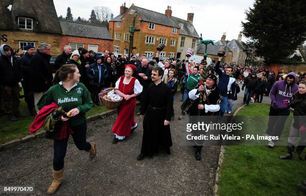 Hare pie parade before the traditional game of bottle kicking at Hallaton, Leicestershire.