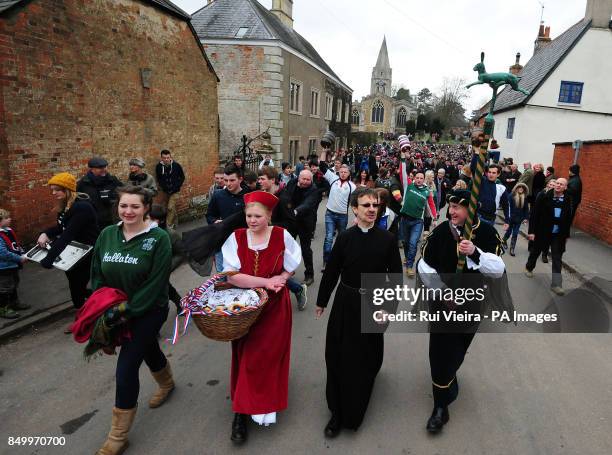 Hare pie parade before the traditional game of bottle kicking at Hallaton, Leicestershire.