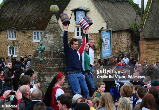 Players in the village square before the game of bottle kicking at Hallaton, Leicestershire.