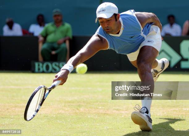 Leander Paes after his win over Aqeel Khan in the 5th singles match of the Asia Oceana Group 1 playoff tie at the Brabourne stadium, CCI on Sunday....