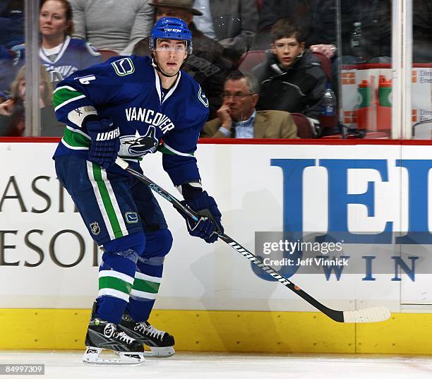 Alex Burrows of the Vancouver Canucks skates up ice during their game against the Carolina Hurricanes at General Motors Place on February 3, 2009 in...