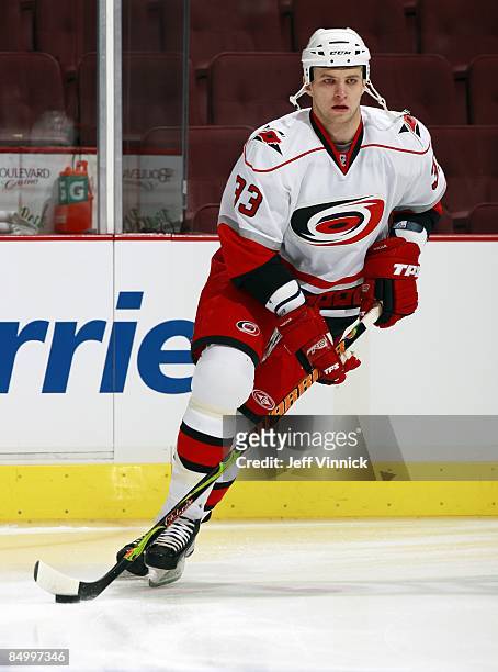 Anton Babchuk of the Carolina Hurricanes skates up ice with the puck during their game against the Vancouver Canucks at General Motors Place on...