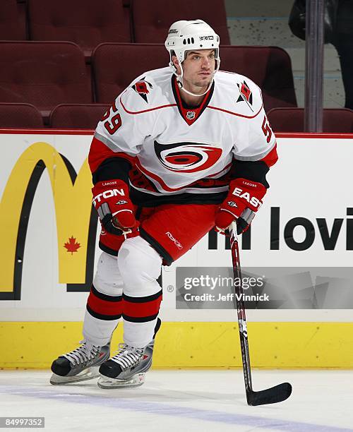 Chad LaRose of the Carolina Hurricanes skates up ice during their game against the Vancouver Canucks at General Motors Place on February 3, 2009 in...