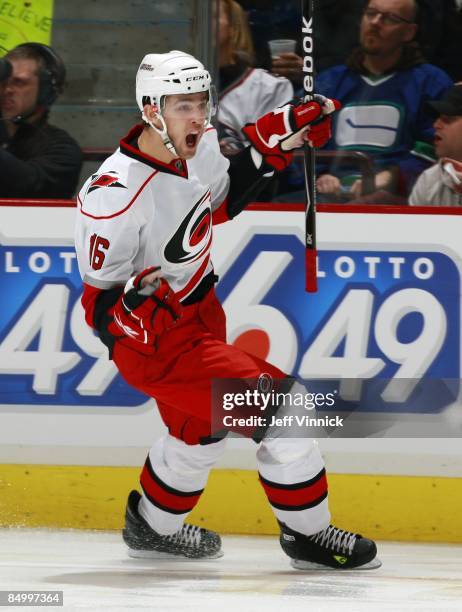 Brandon Sutter of the Carolina Hurricanes celebrates a goal during their game against the Vancouver Canucks at General Motors Place on February 3,...