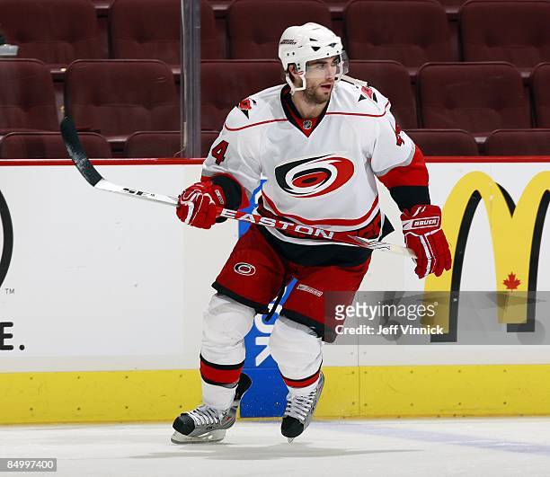Patrick Eaves of the Carolina Hurricanes skates up ice during their game against the Vancouver Canucks at General Motors Place on February 3, 2009 in...