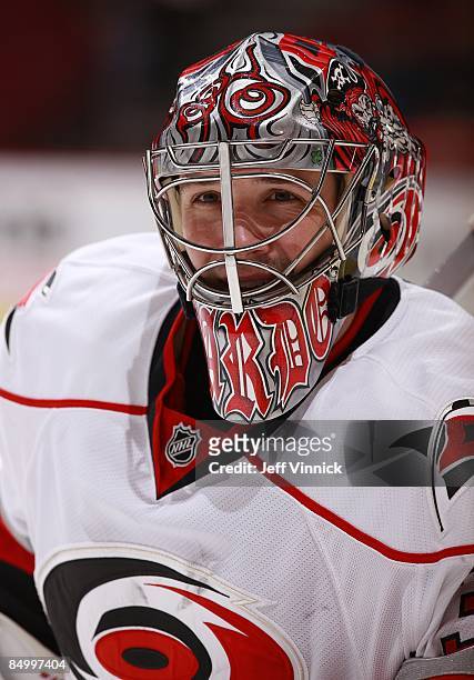 Cam Ward of the Carolina Hurricanes looks on from his crease during their game against the Vancouver Canucks at General Motors Place on February 3,...