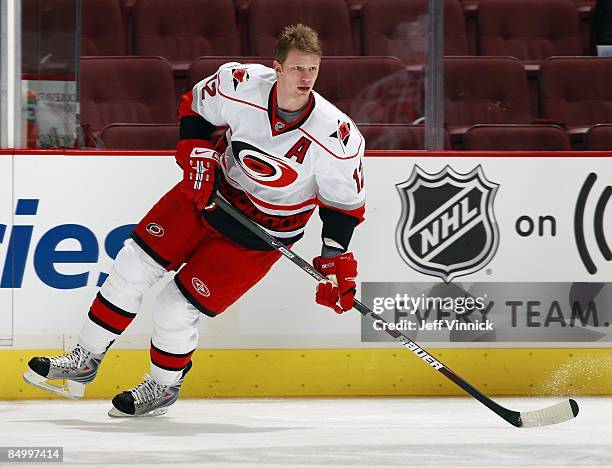 Eric Staal of the Carolina Hurricanes skates up ice during their game against the Vancouver Canucks at General Motors Place on February 3, 2009 in...