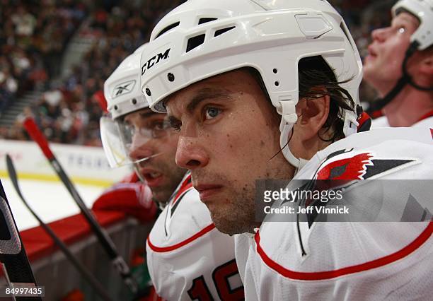 Tuomo Ruutu of the Carolina Hurricanes looks on from the bench during their game against the Vancouver Canucks at General Motors Place on February 3,...