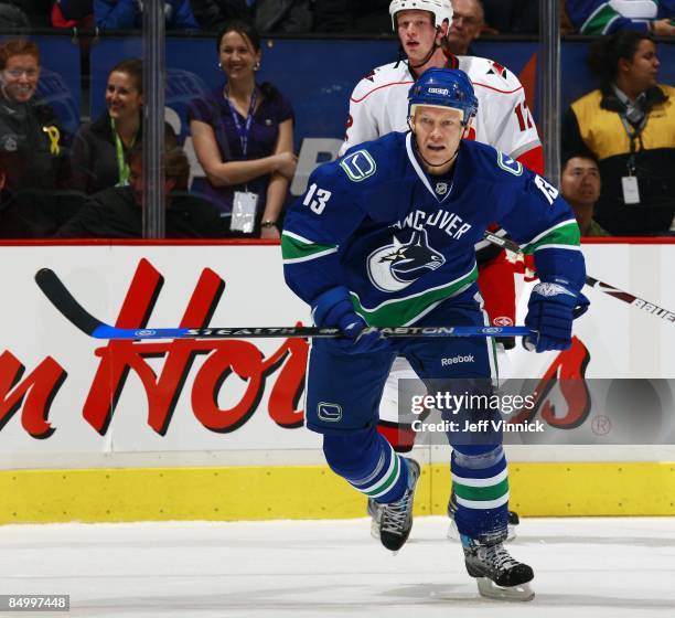 Mats Sundin of the Vancouver Canucks skates up ice during their game against the Carolina Hurricanes at General Motors Place on February 3, 2009 in...