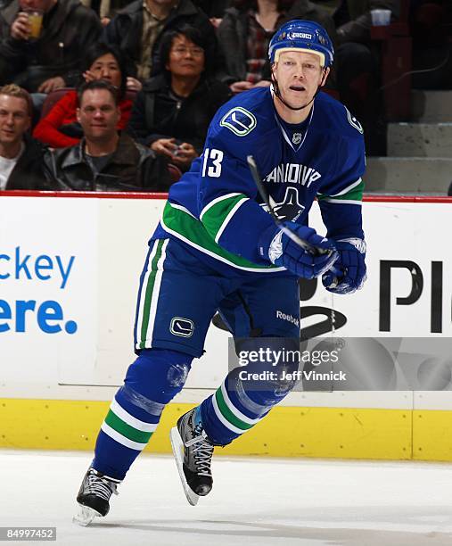 Mats Sundin of the Vancouver Canucks skates up ice during their game against the Carolina Hurricanes at General Motors Place on February 3, 2009 in...