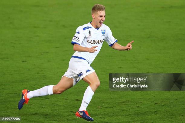 Jesse Daley of South Melbourne celebrates a goal during the FFA Cup Quarter Final match between Gold Coast City FC and South Melbourne at Cbus Super...