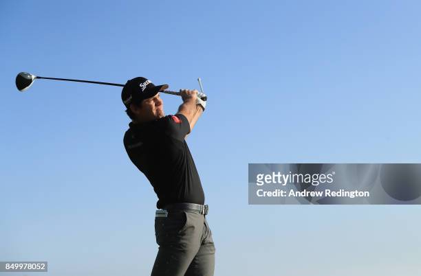 Ricardo Gouveia of Portugal in action during practice for the Portugal Masters at Dom Pedro Victoria Golf Club on September 20, 2017 in Albufeira,...