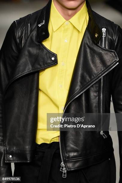 Model, fashion details, walks the runway at the Atsushi Nakashima show during Milan Fashion Week Spring/Summer 2018 on September 20, 2017 in Milan,...