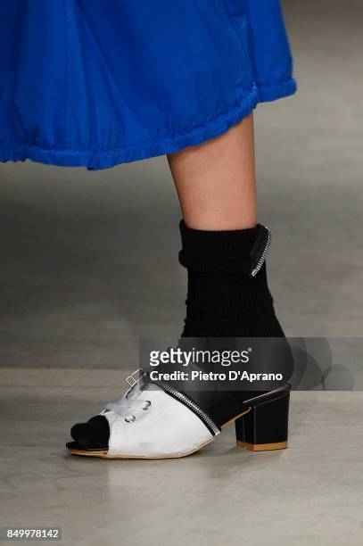Model, shoe detail, walks the runway at the Atsushi Nakashima show during Milan Fashion Week Spring/Summer 2018 on September 20, 2017 in Milan, Italy.