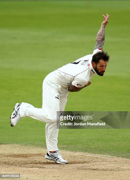 Peter Trego of Somerset bowls during day two of the Specsavers County Championship Division One match between Surrey and Somerset at The Kia Oval on...