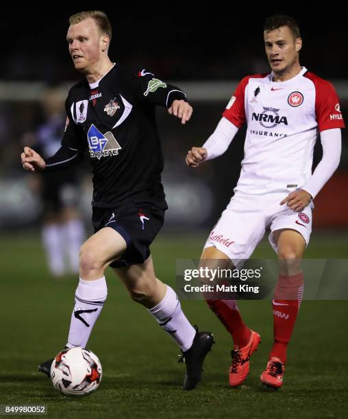 Grant Lynch of Blacktown City controls the ball during the FFA Cup Quarterfinal match between Blacktown City and the Western Sydney Wanderers at Lily...
