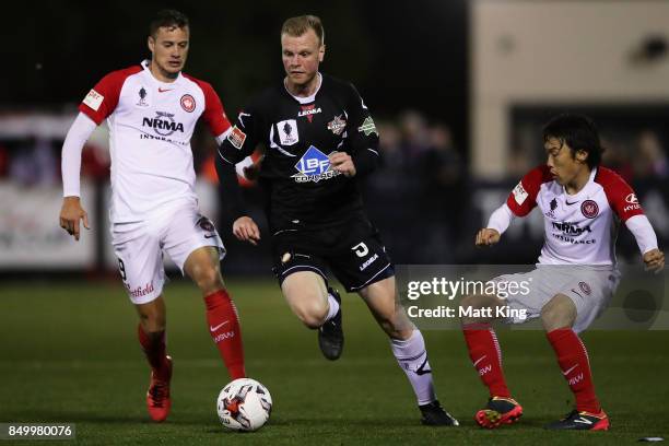 Grant Lynch of Blacktown City controls the ball during the FFA Cup Quarterfinal match between Blacktown City and the Western Sydney Wanderers at Lily...