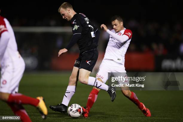 Grant Lynch of Blacktown City controls the ball during the FFA Cup Quarterfinal match between Blacktown City and the Western Sydney Wanderers at Lily...