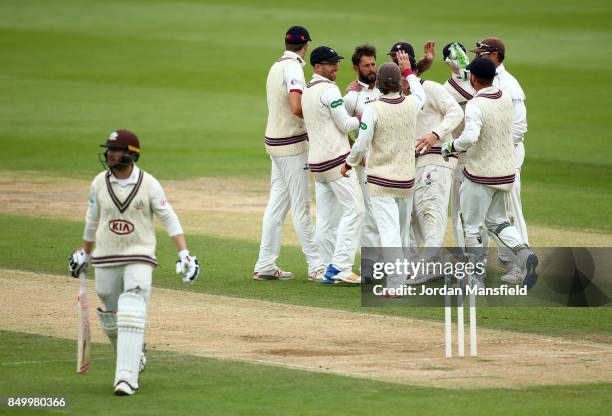 Peter Trego of Somerset celebrates with his teammates after dismissing Mark Stoneman of Surrey during day two of the Specsavers County Championship...