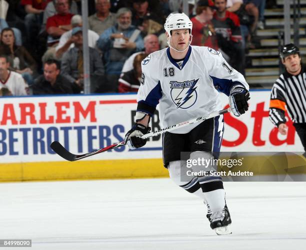 Adam Hall of the Tampa Bay Lightning skates against the Chicago Blackhawks at the St. Pete Times Forum on February 17, 2009 in Tampa, Florida.