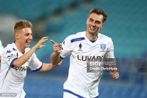 Milos Lujic of South Melbourne celebrates after scoring during the FFA Cup Quarter Final match between Gold Coast City FC and South Melbourne at Cbus...