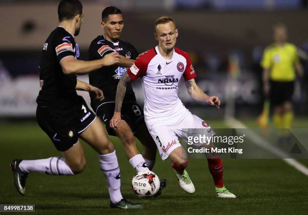 Jack Clisby of the Wanderers controls the ball during the FFA Cup Quarterfinal match between Blacktown City and the Western Sydney Wanderers at Lily...