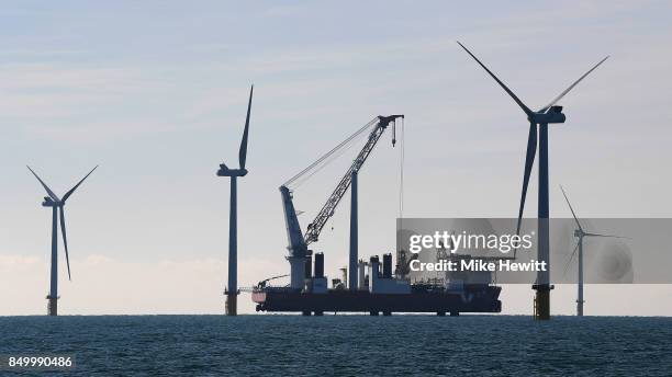 One of the final 140m turbines is completed on September 20, 2017 in Brighton, England. The last of 116 wind turbines have been installed at the...