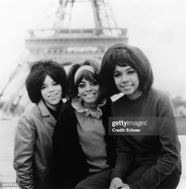 Photo of SUPREMES and Mary WILSON and Florence BALLARD and Diana ROSS; Posed half length group shot. Eiffel Tower blurred in background. L - R:...