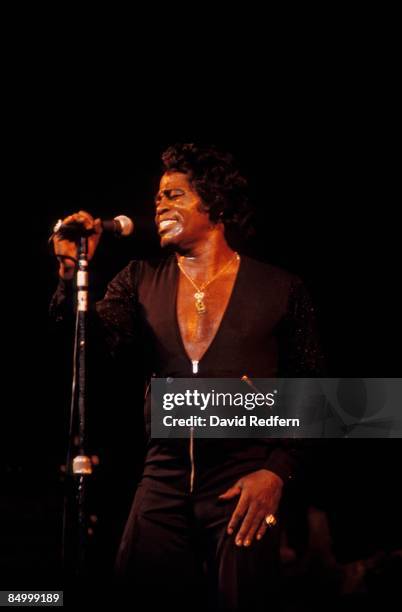 American soul singer and songwriter James Brown performs live on stage at the Midem music conference in Cannes, France in January 1981.