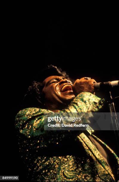 American soul singer and songwriter James Brown performs live on stage at the Nice Jazz Festival in Nice, France in July 1988.