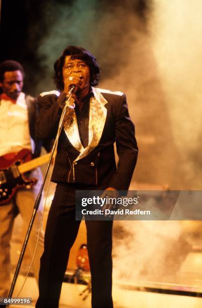 American soul singer and songwriter James Brown performs live on stage at the Midem music conference gala in Cannes, France in January 1987.