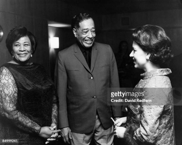 Princess Margaret, Countess of Snowdon meets with American jazz artists Ella Fitzgerald and Duke Ellington backstage at the Royal Festival Hall in...