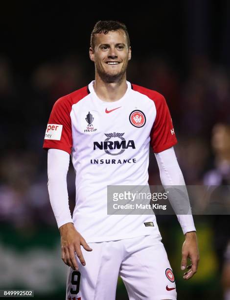 Oriol Riera of the Wanderers reacts after a missed opportunity on goal during the FFA Cup Quarterfinal match between Blacktown City and the Western...