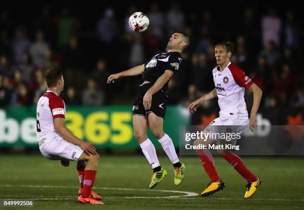 Mitchell Mallia of Blacktown City controls the ball during the FFA Cup Quarterfinal match between Blacktown City and the Western Sydney Wanderers at...