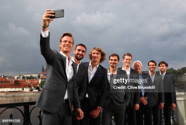 Thomas Berdych, Marin Cilic, Alexander Zverev, Roger Federer, Thomas Enqvist, Bjorn Bjorg, Rafael Nadal and Dominic Thiem of Team Europe pose for a...