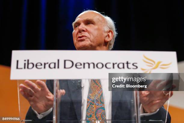 Vince Cable, leader of the U.K.'s Liberal Democrat Party, delivers his keynote speech at the party's annual conference in Bournemouth, U.K., on...