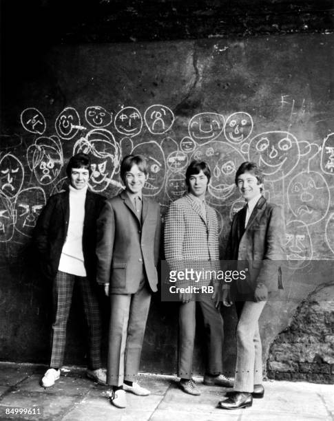 Photo of Ian McLAGAN and Steve MARRIOTT and SMALL FACES and Ronnie LANE and Kenney JONES; L-R: Ronnie Lane, Steve Marriott, Ian McLagan, Kenney Jones...