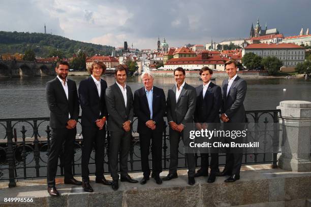Marin Cilic, Alexander Zverev, Roger Federer, Bjorn Bjorg, Rafael Nadal, Dominic Thiem and Thomas Berdych pose for photos ahead of the Laver Cup on...