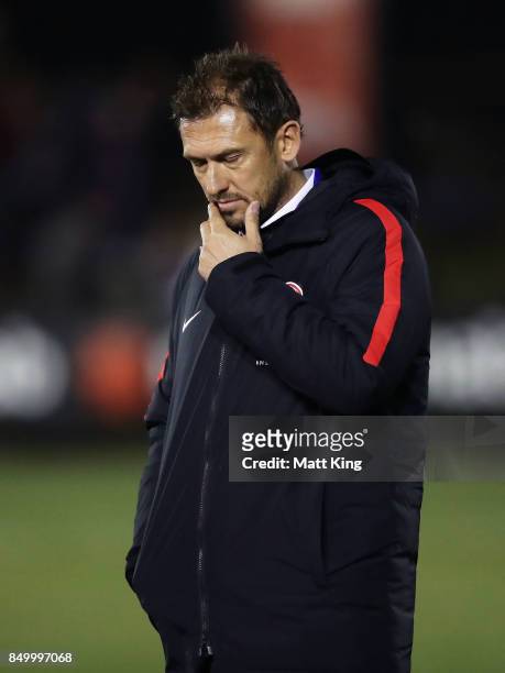 Wanderers head coach coach Tony Popovic looks on before extra time during the FFA Cup Quarterfinal match between Blacktown City and the Western...