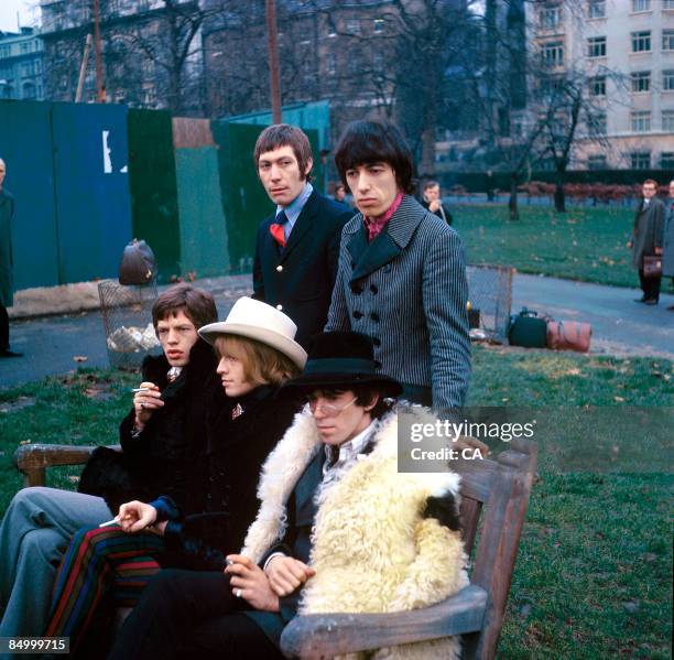 Photo of Bill WYMAN and Keith RICHARDS and Charlie WATTS and Brian JONES and ROLLING STONES and Mick JAGGER, Posed group portrait at a photocall L to...