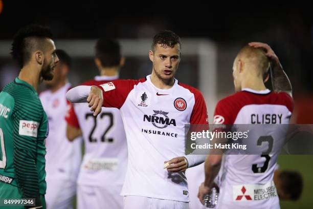 Oriol Riera of the Wanderers talks to players before extra time during the FFA Cup Quarterfinal match between Blacktown City and the Western Sydney...