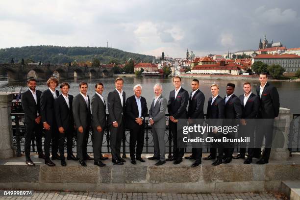 Marin Cilic, Alexander Zverev, Dominic Thiem, Roger Federer, Rafael Nadal, Thomas Berdych, Thomas Enqvist, Bjorn Bjorg of Team Europe with Rod Laver,...