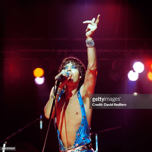 English singer Mick Jagger of The Rolling Stones performs live on stage at Wembley Empire Pool in London during the band's European Tour 1973 in...