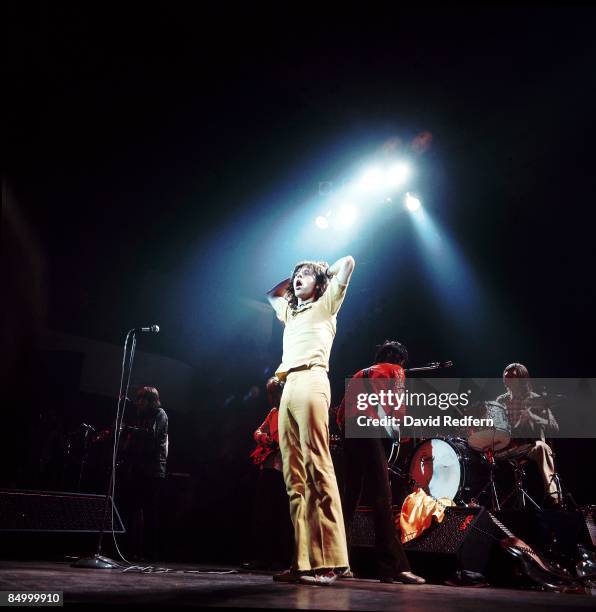 English rock group The Rolling Stones, from left, saxophonist Bobby Keys, Mick Taylor, Mick Jagger, Keith Richards and Charlie Watts, perform live on...