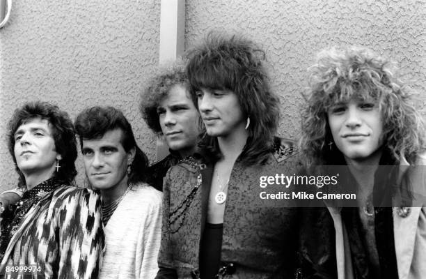 Photo of BON JOVI and Richie SAMBORA and Jon BON JOVI and Alec John SUCH and Tico TORRES and David BRYAN, Group portrait backstage at the Monsters of...