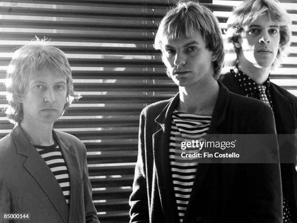 1st SEPTEMBER: Photo of Andy SUMMERS and Stewart COPELAND and POLICE and STING; L-R: Andy Summers, Sting, Stewart Copeland posed in London in...