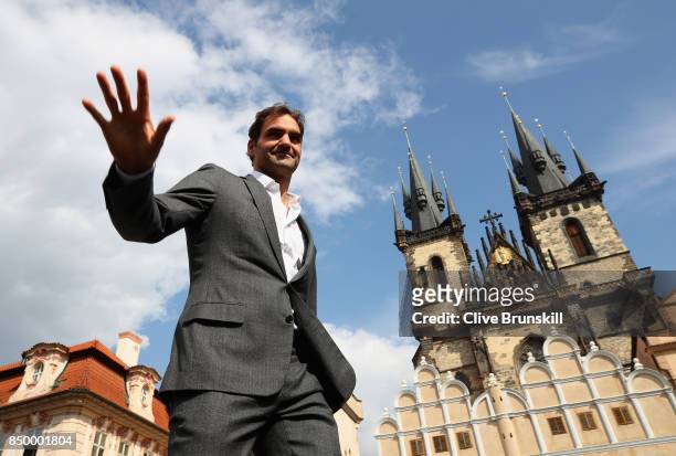 Roger Federer of Switzerland waves to fans ahead of the Laver Cup on September 20, 2017 in Prague, Czech Republic. The Laver Cup consists of six...