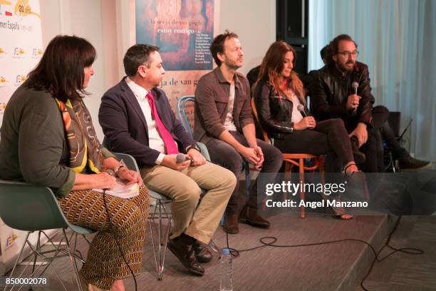 Micheline Selmes, David Perez Martinez and La Oreja de Van Gogh attend 'Estoy Contigo' Charity Song Presentation in Madrid on September 20, 2017 in...
