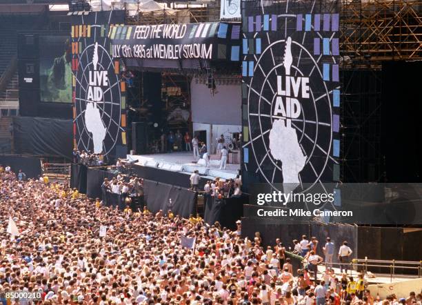 View from above the crowd attending the Live Aid Concert at Wembley Stadium, 13th July 1985.