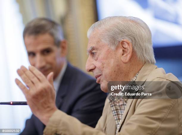 Writer Mario Vargas Llosa and Ruben Gallo attend the 'Conversacion en Princeton' press conference at Casa de America on September 20, 2017 in Madrid,...